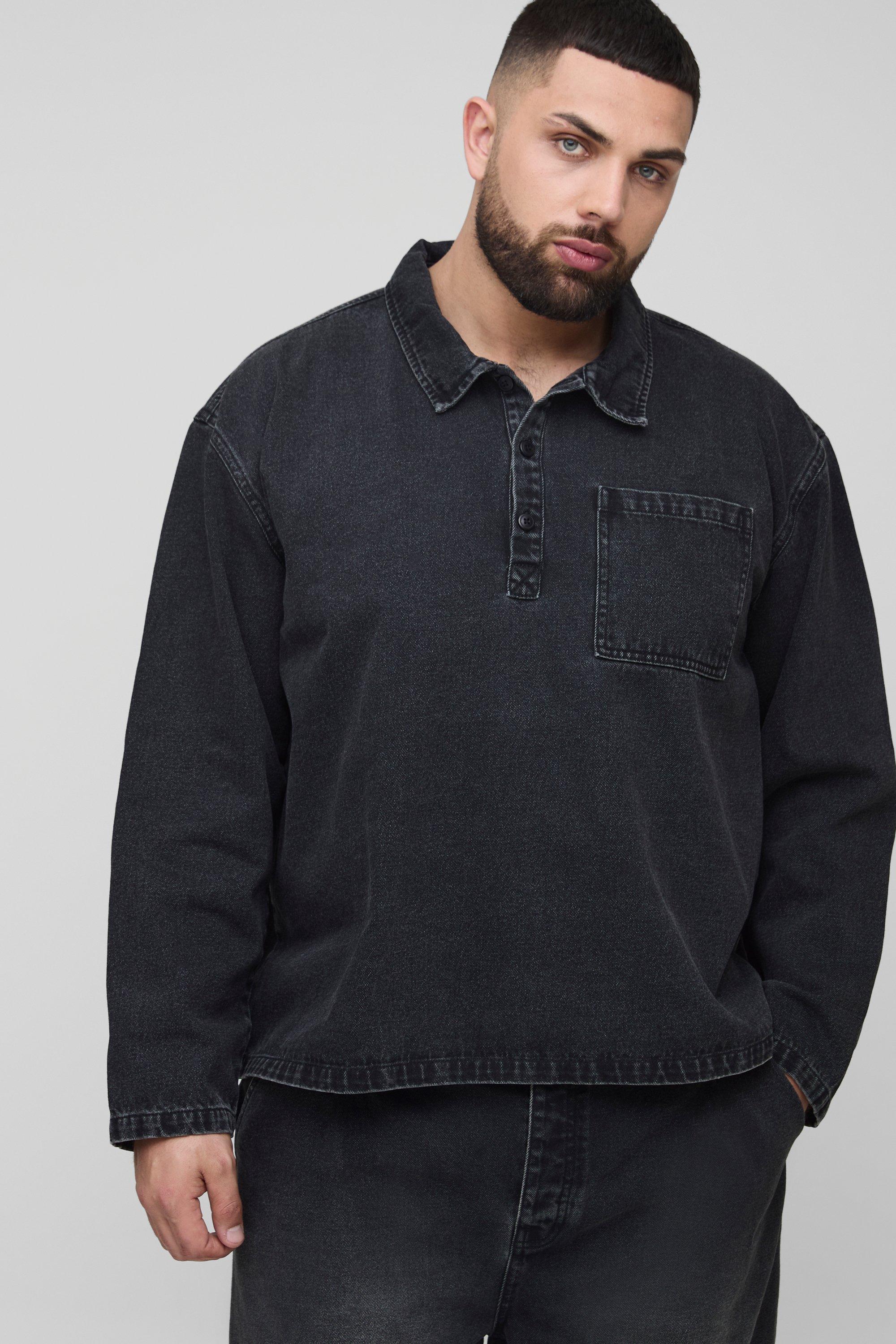 Mens Black Plus Oversized Denim Rugby Shirt, Black
